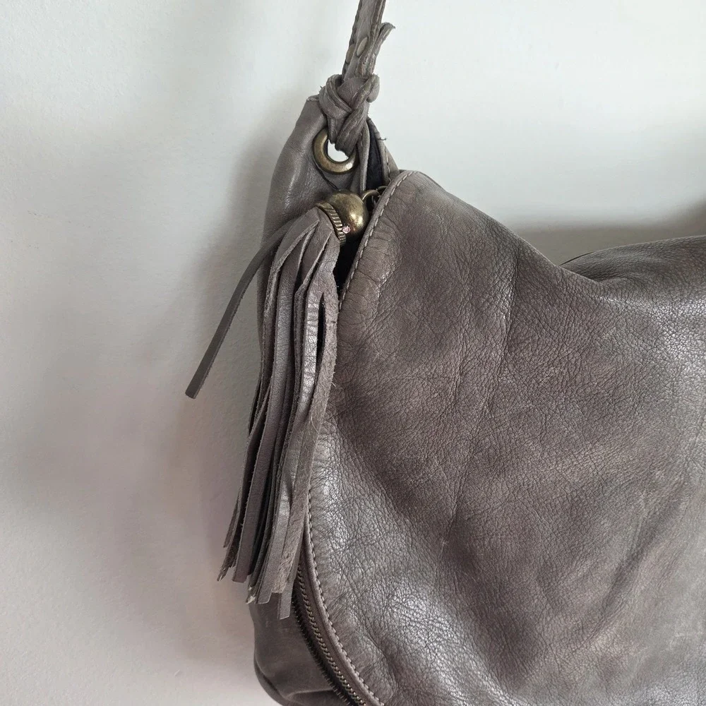 Italian Gray Genuine leather fold over boho shoulder crossbody bag Hippe Tassle